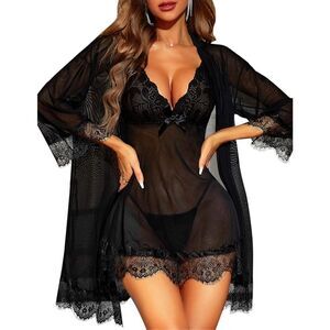 NEW Lingerie Set 3 Piece Babydoll Lace Robe Chemise Sleepwear M
